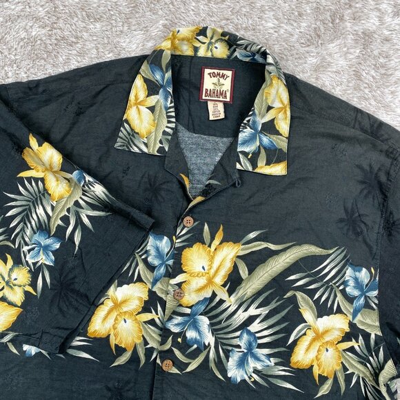 VTG Tommy Bahama Wood Button Loop Collar Shirt Mens L Black Floral Silk Blend - Picture 1 of 11